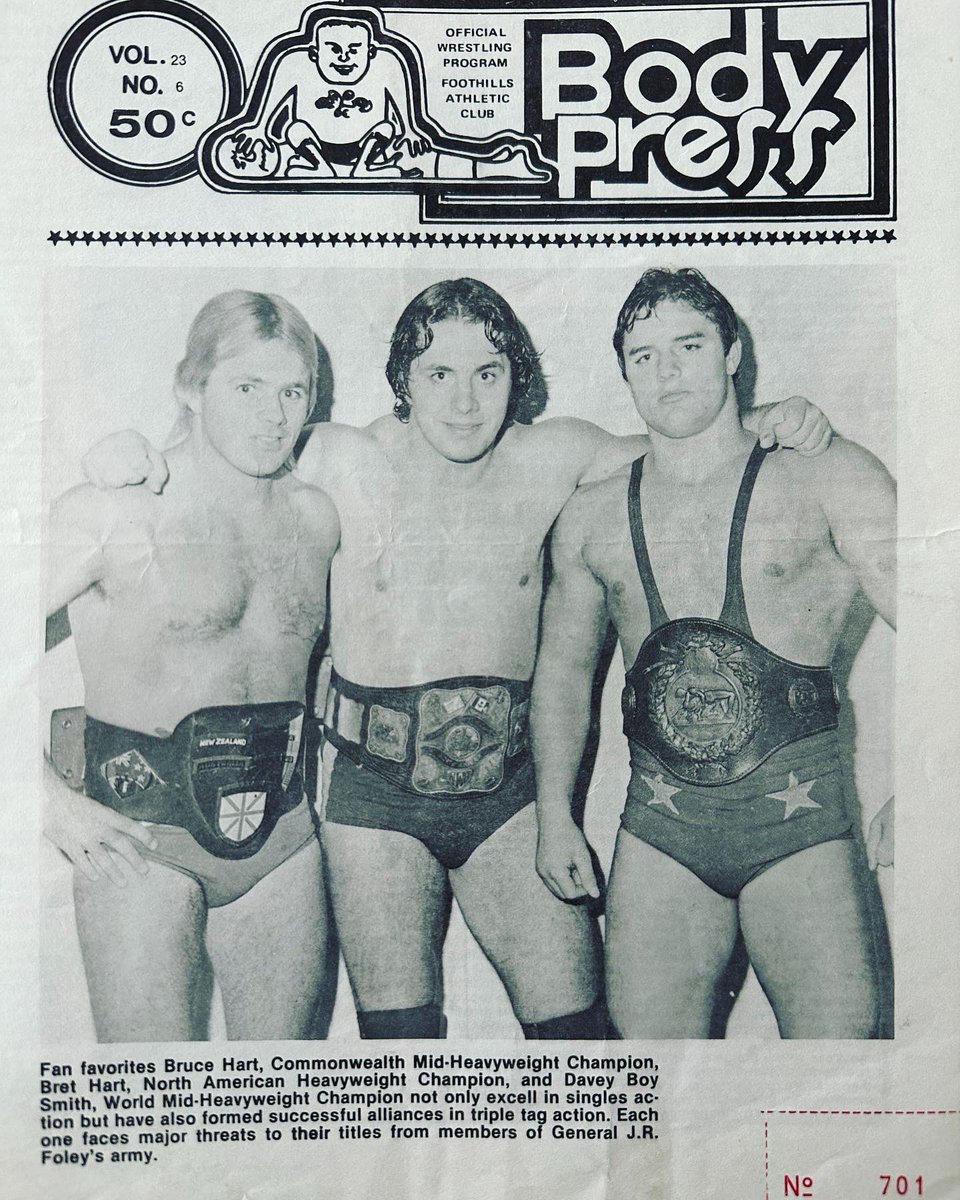houndspaint's tweet photo. Came across my stack of Body Press programs from Stampede Wrestling. Lots and lots of awesome wrestlers came through the Stampede area. @StomperGouldie #StampedeWrestling #BodyPress #Calgary #YQR #RetroWrestling #BrettHart #OwenHart https://t.co/ZiZIGDgflS