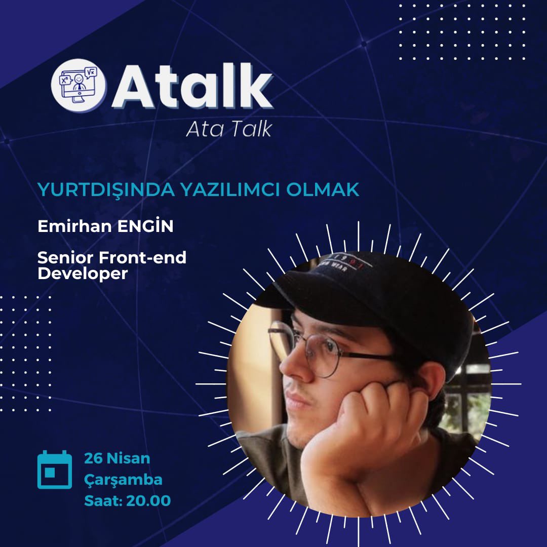 AtaturkRobotics's tweet photo. Atalk projemiz kapsamındaki ilk konuşmacımız Emirhan ENGİN Kendisi 21 yaşında oldukça başarılı bir Senior Front-end Developer. Sizler de toplantıya katılmak istiyorsanız linkteki formu doldurarak bize ulaşabilirsiniz.🤍

https://t.co/ioZnFcY5TB https://t.co/6p2XtFbZT6