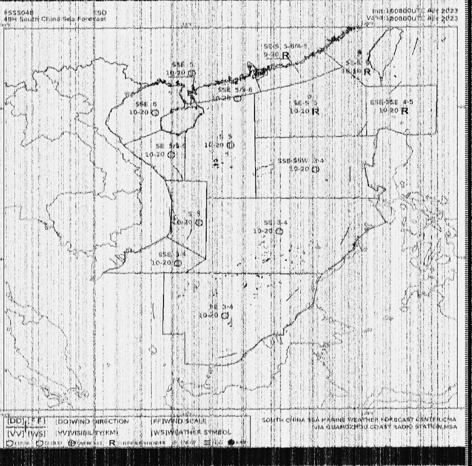 SparkySWL's tweet photo. 16826.3 kHz (+/-400Hz white/black) 14:40 UTC FAX #XSQ #GuangzhouRadio 48hrs South China sea weather forecast.
RX: @airspy_com HF+Discovery
SDR: @sdrsharp v.1.0.0.1900
ANT: #Dressler ARA1500
SW: #F6CTE #Multipsk v.4.48.1 https://t.co/8n2TotoyhO