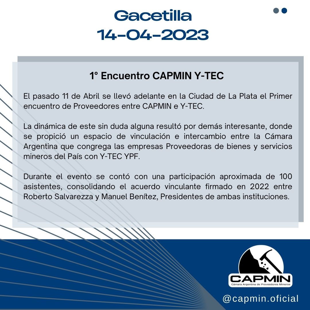 CapminOficial's tweet photo. El 11 de Abril se realizó el Primer encuentro de Proveedores entre CAPMIN e Y-TEC. 
#capmin #insdustriaminera #mineria #mineriaargentina  #lithium #industria  #panoramaminero #IngenierosMineros  #somosmineros #noticiasmineras #argentina #masmineria #YTEC #YPF #mineros #evento https://t.co/G0WaJZtOo1