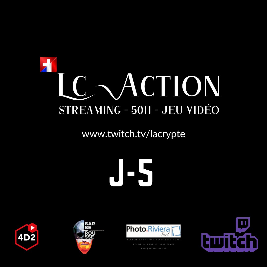 LaCrypteStream's tweet photo. J - 5 ! Préparez-vous !!! https://t.co/GSB9AaB4mF
#streaming #LCACTION2023 #twitchfr #hype https://t.co/RQ2D2TkTOB