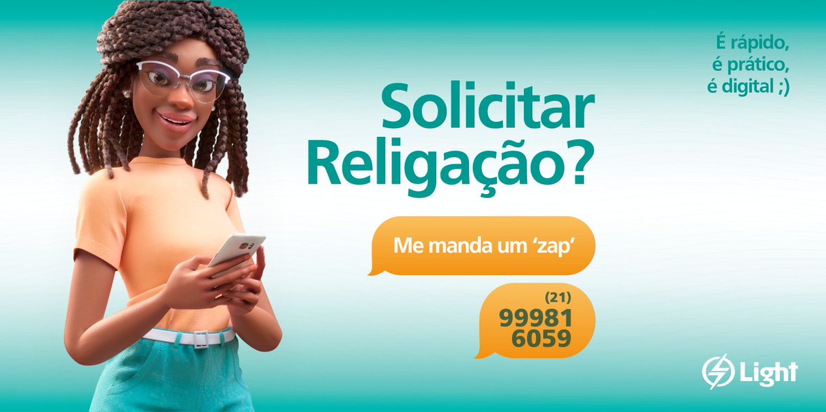 lightclientes's tweet photo. Para pedir a religação, envie uma mensagem de texto para o WhatsApp da Lia 📲 (21) 99981-6059.
A conversa acontece por interação. Ela te dá opções e você responde de acordo com o que ela orientar. 🔌
#VemProDigital #Light #Lia #Religação https://t.co/llQ6Peke3Z