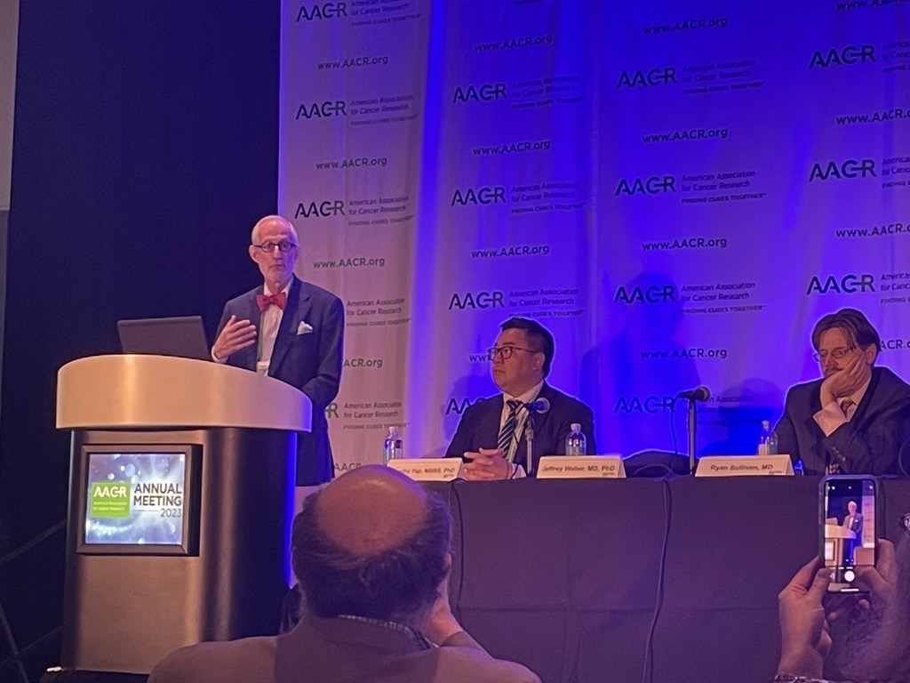 AACR's tweet photo. The first study in today’s press conference is presented by Jeffrey Weber, MD, PhD, from NYU Langone Perlmutter Cancer Center, and Ryan Sullivan, MD, from Mass General Cancer Center and Harvard Medical School. #AACR23 https://t.co/IM4hiQ5sTN https://t.co/mbijQOvECJ