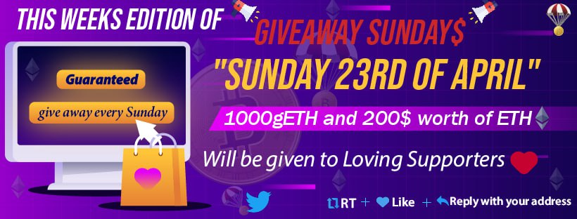 In this week of the Giveaway Sunday$ series I'll be giving away 1000gETH and 200$ worth of #ETH😍

(Already given away 4000gETH and 800$ #ETH)

Sunday 23rd of April is the date of the Giveaway😇

Follow + RT + Like and Post your address below to potentially win a share🥰❤️👇
