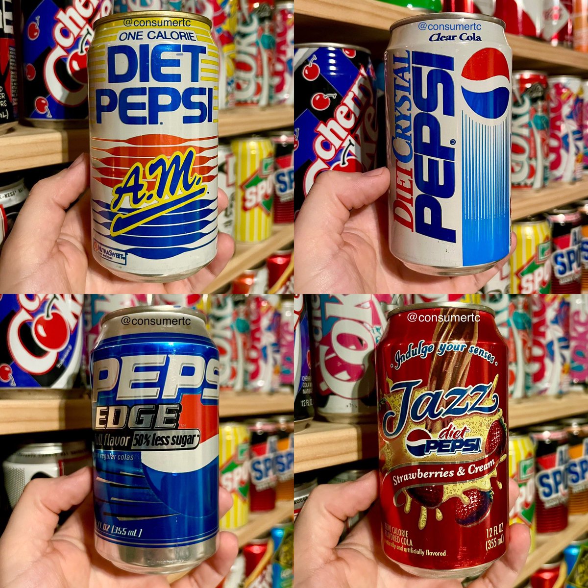 consumertc's tweet image. DIET PEPSI CANS FROM THE COLLECTION: Pepsi AM (extra caffeine, 1989), Crystal Pepsi (clear, 1992), Pepsi Edge (half diet/half regular, 2004), Pepsi Jazz (strawberries &amp;amp; cream flavor, 2006)