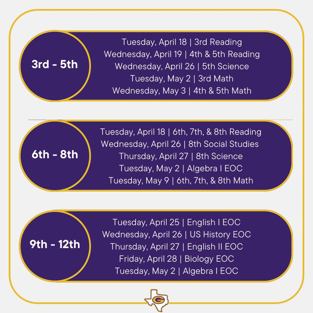 Elementary and middle school campuses begin spring testing this week.  

Please refer to campus communication for any campus-specific announcements.

#PirateFamily