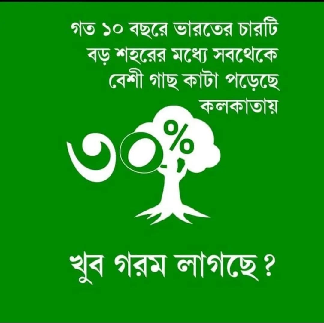 sudipta6234's tweet photo. যে মানবিক মুখ্যমন্ত্রী গরম পড়েছে বলে স্কুল ছুটি দিলেন সেই তাঁর আমলেই বিগত দশ বছরে ভারতের অন্য মেট্রো শহর গুলোর তুলনায় কলকাতায় সব থেকে বেশি গাছ কাটা পড়েছে! 

এখন দেদার গাছ কাটা কতটা 'মানবিক' আমি জানি না!😜 https://t.co/xHP9BX5VZu