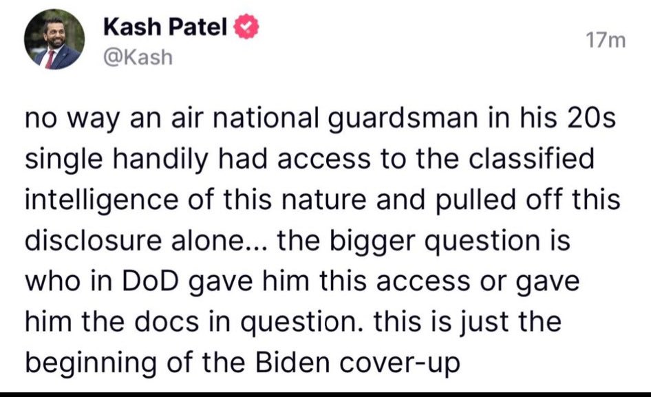 Either government is incompetent for giving a Part-time 21 yo National Guardsman
access to highly sensitive/Classified data that can undermine American security… 

↫↫↫↫↫ 𝕆𝕣 ↬↬↬↬↬

🄷🄴
🅆🄰🅂 
🅂🄴🅃 🅄🄿 

#JackTeixeira #PentagonLeaks 

nypost.com/2023/04/15/pen…