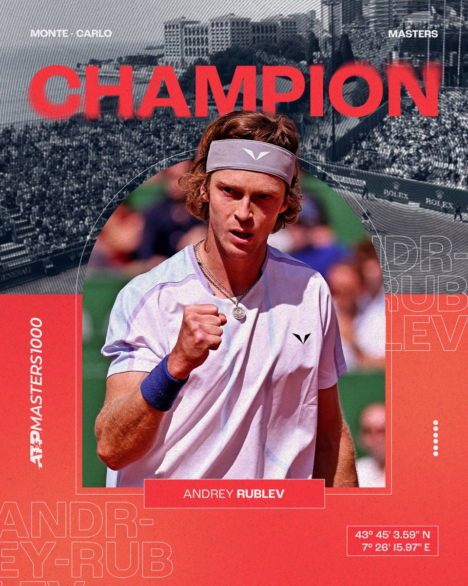 atptour's tweet image. FIRST MASTERS 1000 TITLE SECURED 🏆

@AndreyRublev97 defeats Rune 5-7 6-2 7-5.

@ROLEXMCMASTERS | #RolexMonteCarloMasters