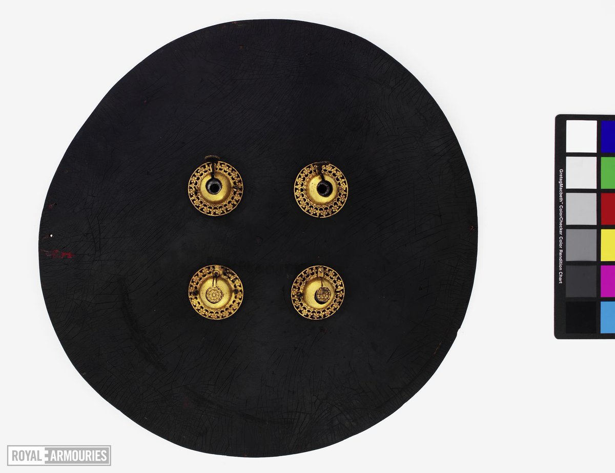 TheArmour's tweet photo. A four barreled #GunShield with gilt bosses,

Diameter: 21.9 in/55.5 cm
Weight: 7.5 lbs/3.4 kg

#Rajasthan, #India, ca. 1831-1870, housed at the #RoyalArmouries Oriental Gallery in Leeds.

#weapons #armor #shield #art #history https://t.co/YfDclw6HQd