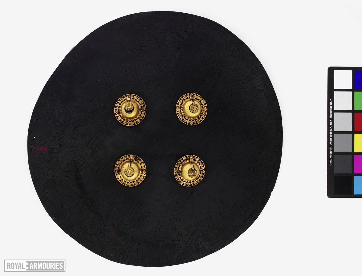 TheArmour's tweet photo. A four barreled #GunShield with gilt bosses,

Diameter: 21.9 in/55.5 cm
Weight: 7.5 lbs/3.4 kg

#Rajasthan, #India, ca. 1831-1870, housed at the #RoyalArmouries Oriental Gallery in Leeds.

#weapons #armor #shield #art #history https://t.co/YfDclw6HQd