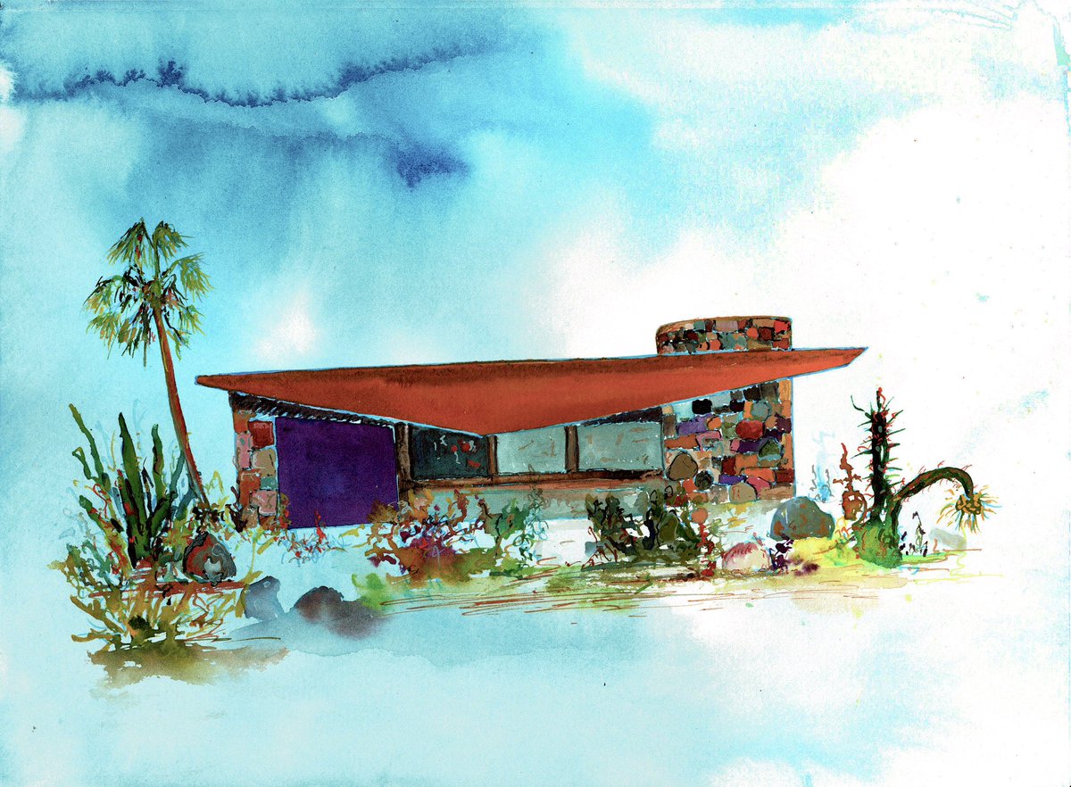 al3xjw's tweet photo. THE EDRIS HOUSE, PALM SPRINGS 
Watercolour and ink on Saunders Waterford paper 
38W x 28H CM
2023

@PSArtMuseum #edrishouse #palmsprings @RoyalSocBritArt @RWS_Art #palms https://t.co/JmDdeYwCtG