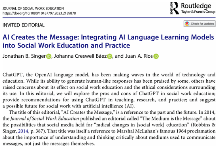 socworkpodcast's tweet image. Is your school of social work wondering how to think about AI for education and practice? Juan Rios, @Jcreswellbaez and I wrote this editorial for you. 
AI Creates the Message: Integrating AI Language Learning Models into Social Work Education and Practice
tandfonline.com/doi/abs/10.108…