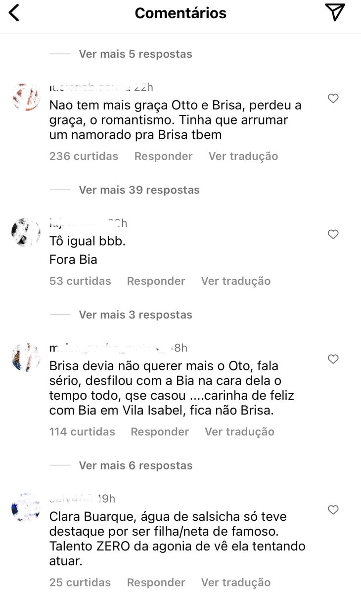 vaidesmaiar's tweet photo. Comentários de fãs de Brisa e Oto na última postagem de Romulo Estrela, onde Clara Buarque aparece #Travessia https://t.co/RFJ1gRjoQ1