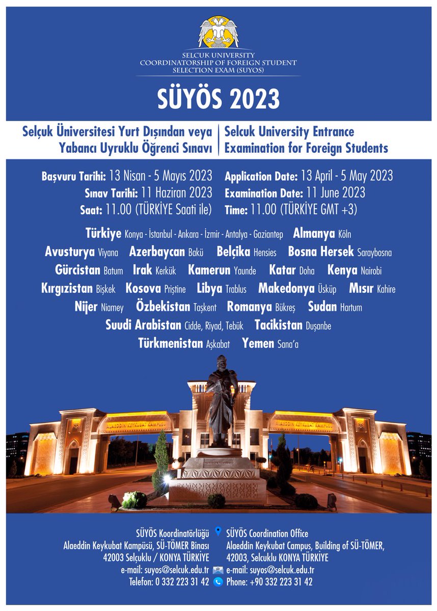 ijonmes's tweet photo. Attention international students! The Selcuk University 📣 Attention foreign students! 🌍🎓 Don't miss the opportunity to study at Selcuk University in Turkey! 🇹🇷 Apply now for the SUYOS 2023 entrance examination.  #selcukuniversity #Turkiye #StudyAbroad
https://t.co/owQErZ1TPr https://t.co/BPIac6jxwY