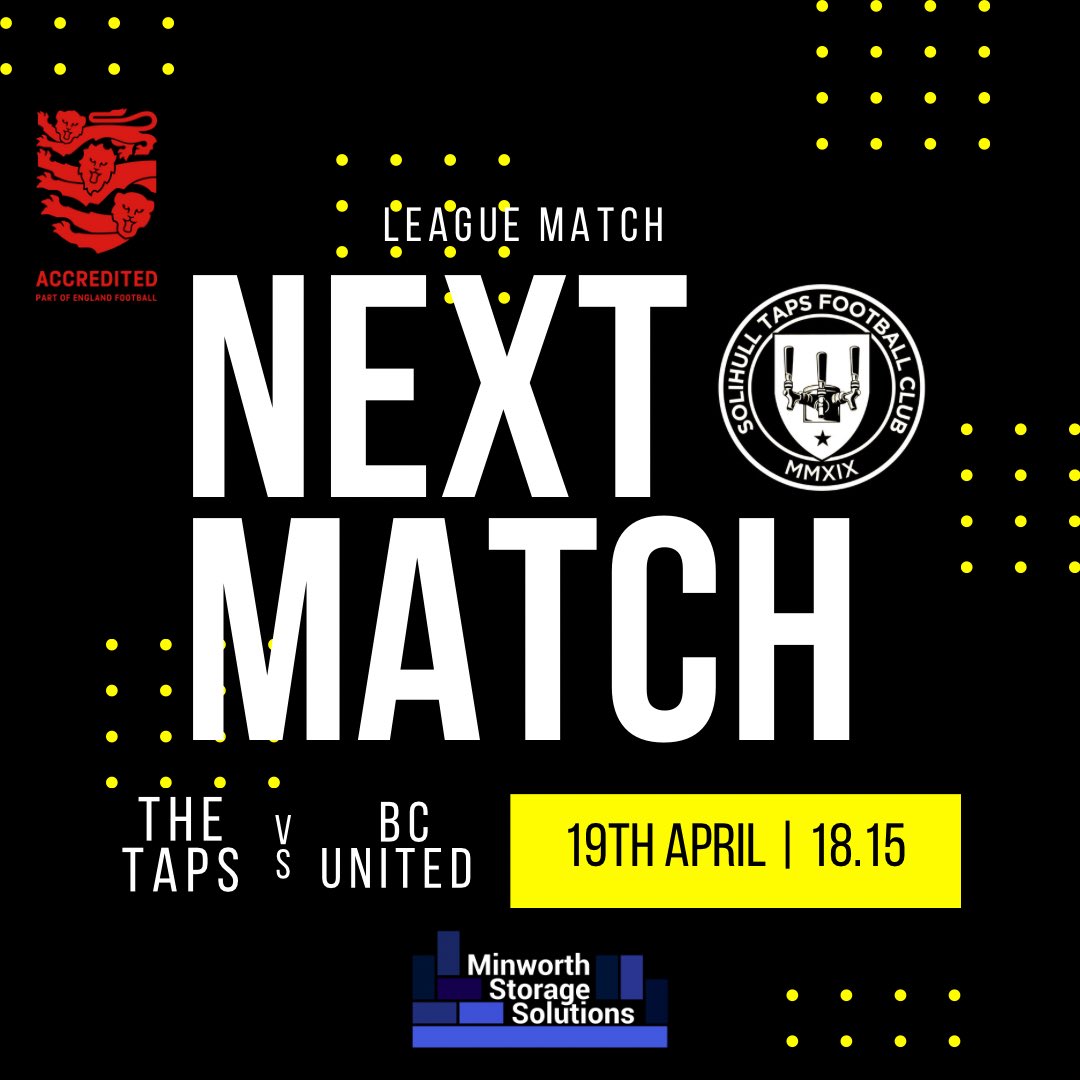 SolihullTapsFC's tweet photo. 🏆 League Division One
🆚 BC United
📅 19th April
⏰ 18:15 Kick Off
🏟️ Land Rover Social Club

🍻🍺 #UpTheTaps 🍺🍻

@Oak_Coro_League @BirminghamFA https://t.co/drp8m8GR5T