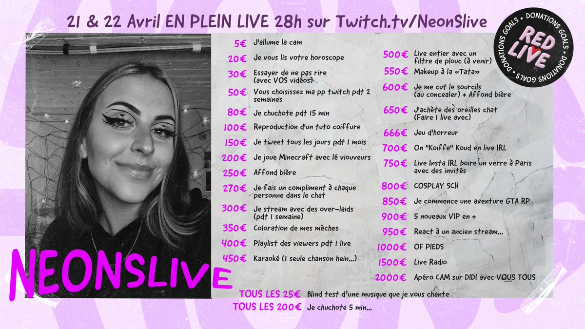 NeonSlive's tweet photo. Omg les gars, mon vrai premier tweet là?
Allez hop, jvous partage mes donations goals pour le @red___live ! RDV 18h ce vendredi !
J'espère vous voir nombreux les copains, gros love sur vous ♥
https://t.co/fAqrlE7I1J https://t.co/S553HVqgo2