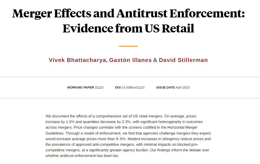 NBER (@nberpubs) on Twitter photo A study of the effects of retail mergers on price, quantity, and other outcomes, and analysis of what these estimates imply about the stringency of antitrust enforcement, from <a href="/bhattacv/">Vivek Bhattacharya</a> <a href="/IllanesGaston/">Gaston Illanes</a> and David Stillerman nber.org/papers/w31123 A study of the effects of retail mergers on price, quantity, and other outcomes, and analysis of what these estimates imply about the stringency of antitrust enforcement, from <a href="/bhattacv/">Vivek Bhattacharya</a> <a href="/IllanesGaston/">Gaston Illanes</a> and David Stillerman nber.org/papers/w31123