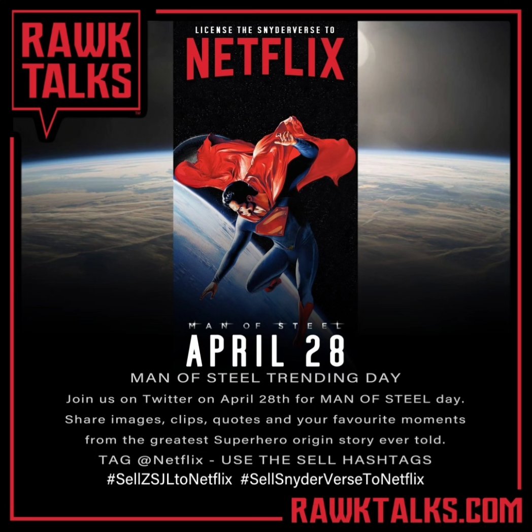 RawkTalks's tweet image. SAVE THE DATES!!!
DC fans plan a 3 day trending event for #SellZSJLtoNetflix/#SellSnyderVerseToNetflix coinciding with SnyderCon.

#SaveDC
#DCFilms
#RestoreTheSnyderVerse
#SnyderCut
#Netflix
#ManOfSteel
#BatmanVSuperman
#ZackSnydersJusticeLeague 
#Batman
#Superman
#WonderWoman