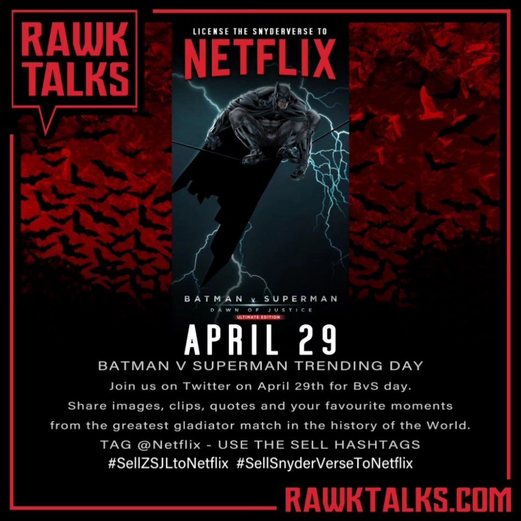 RawkTalks's tweet image. SAVE THE DATES!!!
DC fans plan a 3 day trending event for #SellZSJLtoNetflix/#SellSnyderVerseToNetflix coinciding with SnyderCon.

#SaveDC
#DCFilms
#RestoreTheSnyderVerse
#SnyderCut
#Netflix
#ManOfSteel
#BatmanVSuperman
#ZackSnydersJusticeLeague 
#Batman
#Superman
#WonderWoman