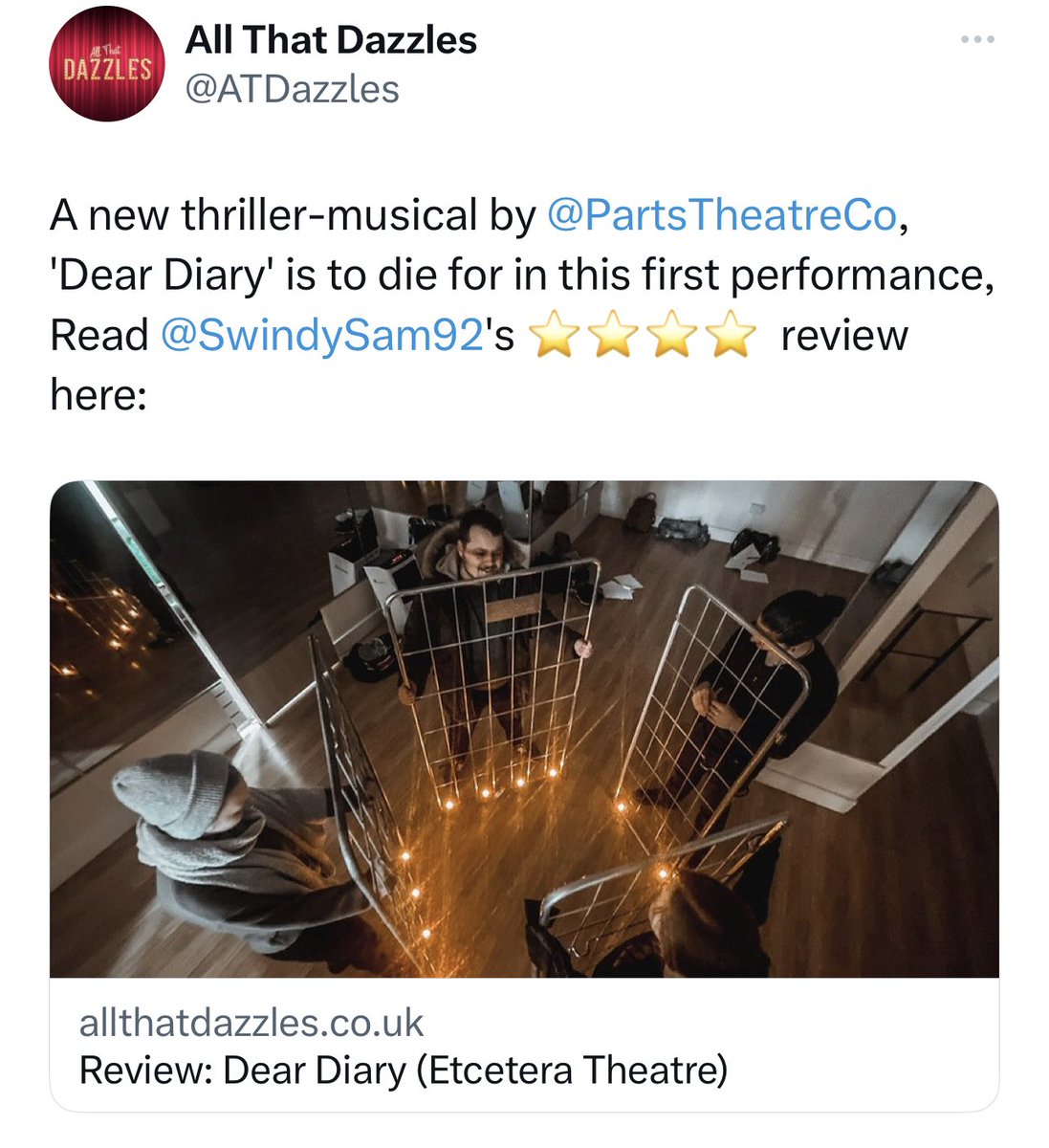 PartsTheatreCo's tweet photo. First Review in ⭐️⭐️⭐️⭐️ Still tickets available for tonight’s performance. Do not miss out!! 

https://t.co/ccpjyK90Hr https://t.co/g4tJReYW3A