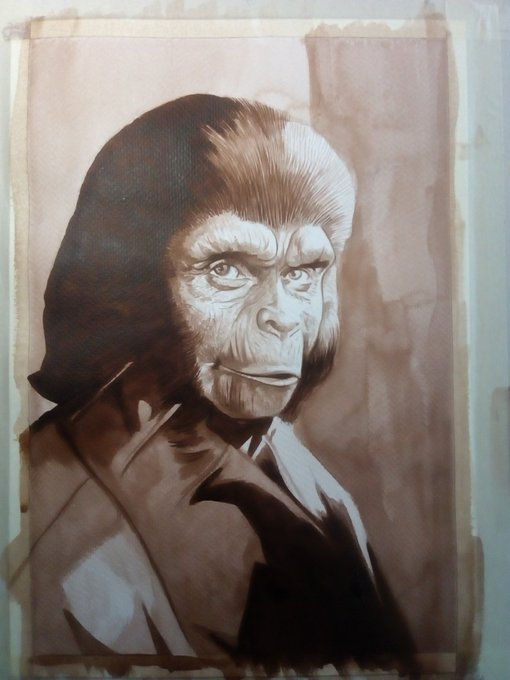 WIP will have to stop there for the day too much pain in my hands sadly #art #illustration #Makeupfx #Theplanetoftheapes #Johnchambers #movies #classicmovies #bmovies #portraits #commissionsopen #fineart #inkwash