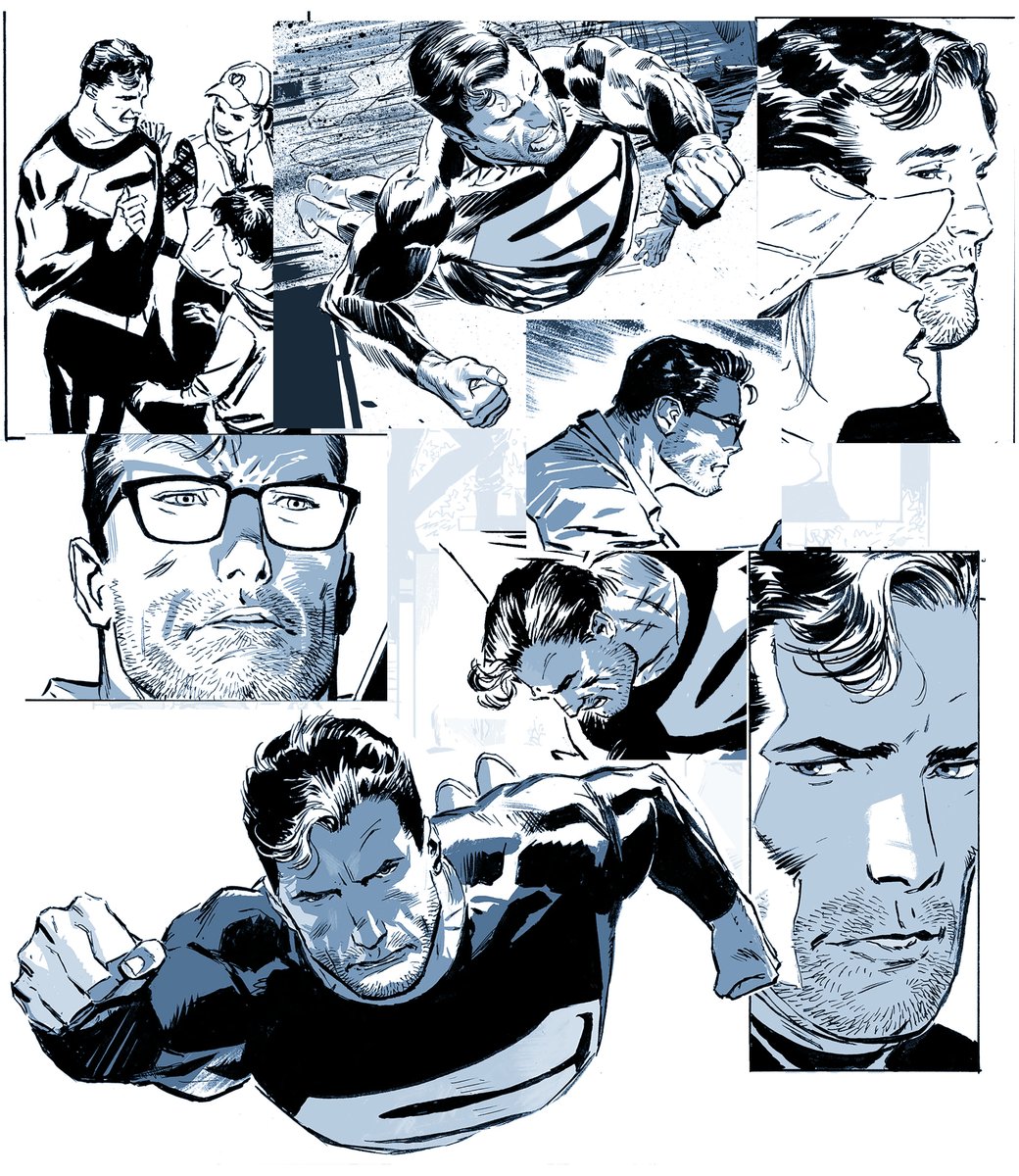 From the current Action Comics story I'm doing with @thedanjurgens and Elizabeth Breitweiser, here's a Superman montage I continually add to for use as ref for subsequent pages/shots (and one of these shots has not been published just yet. oops! )