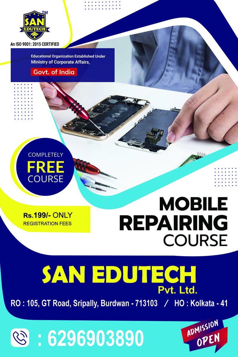 sanedutech's tweet image. #San_Edutech আপনাদের জন্য নিয়ে এসেছে এক দুর্দান্ত সুযোগ। এখন Mobile Repairing Course করুন সম্পূর্ণ বিনামূল্যে। হ্যা এখনই যোগাযোগ করুন এই 6296903890 নম্বরে।

#MobileRepairingCourse #FreeMobileRepairingCourse #MobileRepairingCourseAtBurdwan #FreeCourse #CareersOpportunities