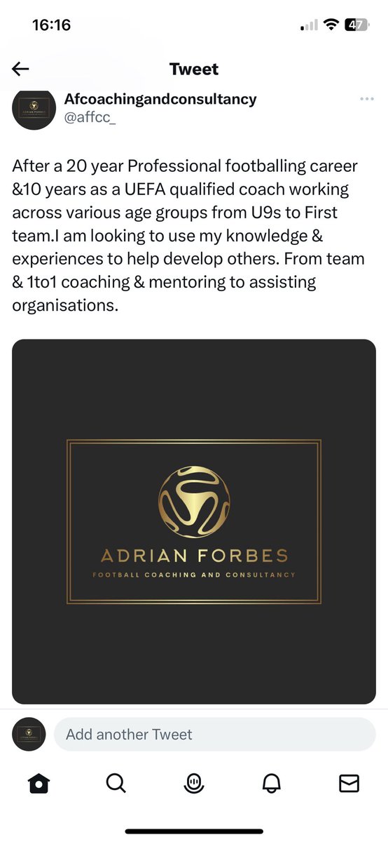 New venture .. Opportunity to use my knowledge &amp; expertise to help develop others. Team &amp; 1-2-1 coaching. Player mentoring &amp; helping organisations in &amp; outside of football to aid employee development.Please share &amp; follow <a href="/affcc_/">Fcoachingandconsultancy</a> for more details or contact affcc@yahoo.com