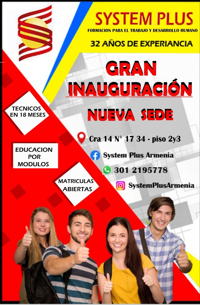 SystemArmenia's tweet photo. Ya tenemos nueva sede en system plus en la Cra. 14 #17-34 segundo piso, Armenia, Quindío 💫💫💫

No olvides llamar +57 301 2195778  y tener tu matrícula ya https://t.co/GAerFznRU2