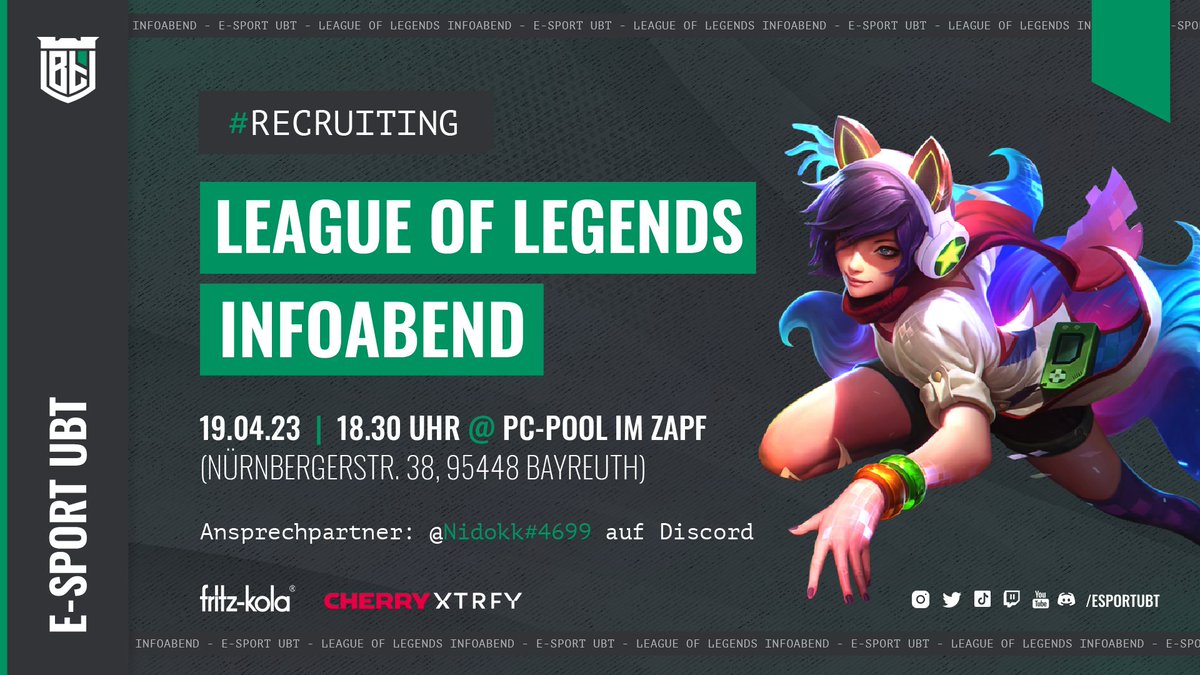 🔥Infoabend &amp; Tryouts🔥

Du spielst League of Legends? 👀

Dann komm zu unserem Infoabend! Wir stellen den Verein vor und im Anschluss kannst Du Dein Können in casual Games zeigen.😁

Wann: 19.4. um 18:30 Uhr
Wo: Zapf 4 in Bayreuth 

#ad #LoL  #leagueoflegends #bayreuth