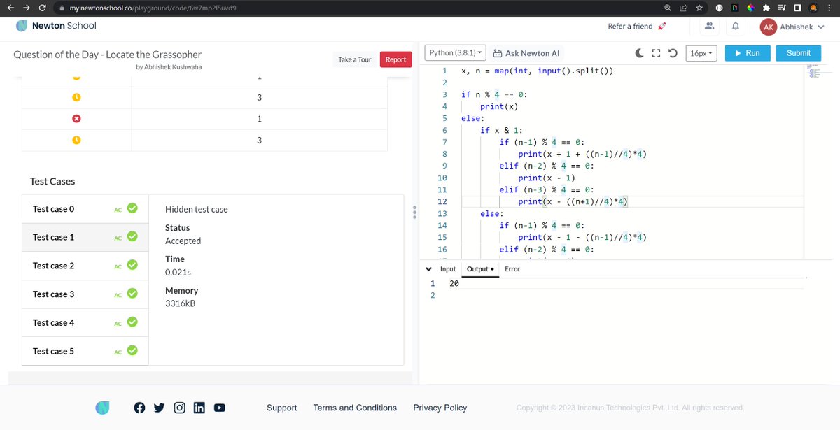 abbhishekstwt's tweet photo. Completed #Day2 of #101daysofcodens with
@NewtonSchoolHQ
Question: Locate the Grassopher
Newton School discord link: https://t.co/ap5dyAkCuz
#nsdiscord #codewithns #101daysofcodens https://t.co/k1Mbijhyp8
