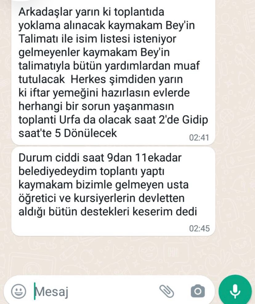 Durum kritik Erdoğan’ı karşılamaya gitmek zorunlu! ‘Kaymakam Bey’in Talimatı, Suruç Halk Eğitim Müdürü’nün baskısı ile Halk eğitim öğretmenlerine Erdoğan Urfa miting zorunluluğu!