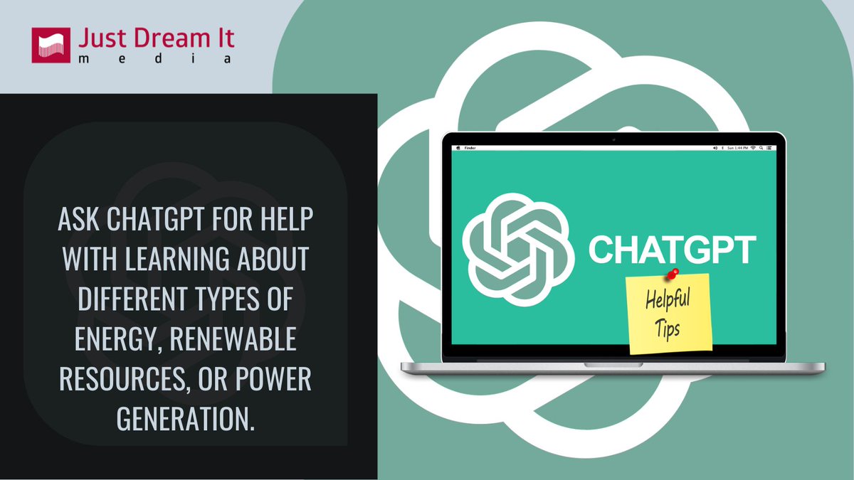 JustDreamItMedi's tweet photo. Learn about renewable resources, energy types, and power generation with ChatGPT! This AI language model can help you gain insights and expand your knowledge. https://t.co/L88U6YFKHf #ChatGPT #RenewableEnergy #EnergyTypes #PowerGeneration #AI #Learning https://t.co/3ARjT6OT7W