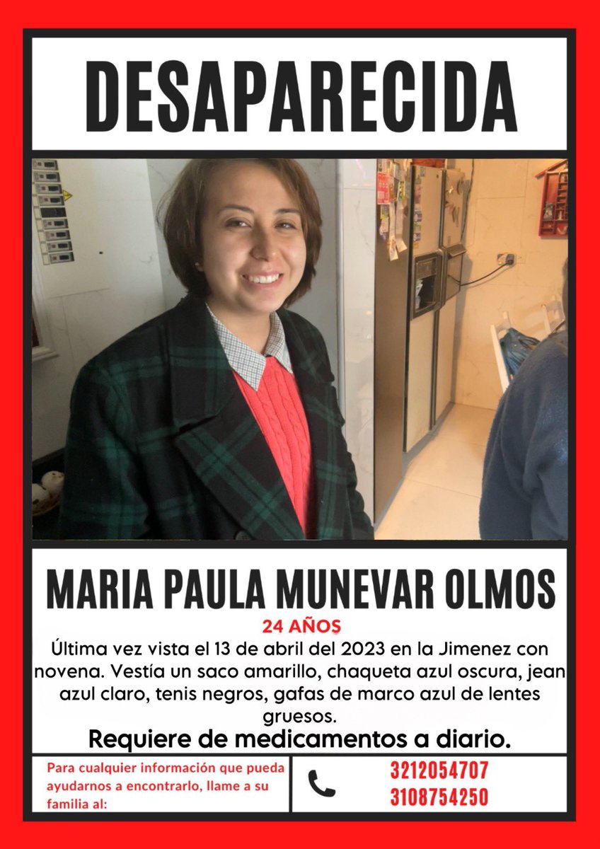 dona_pily2's tweet photo. Maria Paula Munevar salió del centro de Bogotá después de estar reunida con su padre Pedro. Tomó un taxi y minutos después llamó a la mamá y le dijo que se sentía mareada. Hay video de que entró a la Javeriana, sacó un dinero de un cajero pero no se sabe nada más. La última ubicación de su celular es en la Jiménez. 
Necesita tomar un medicamento diariamente .
No ha aparecido. Ayudemos a compartir.