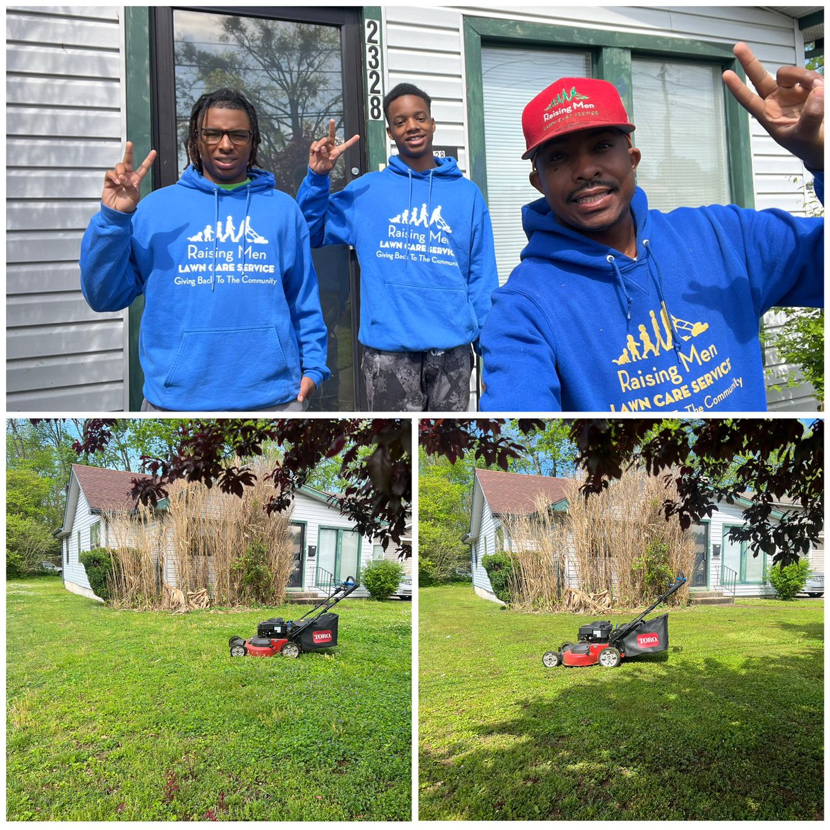 This morning Quay, Lamar and I had the pleasure of mowing Ms. Tuckers lawn . She was inside resting . Making a difference one lawn at a time .