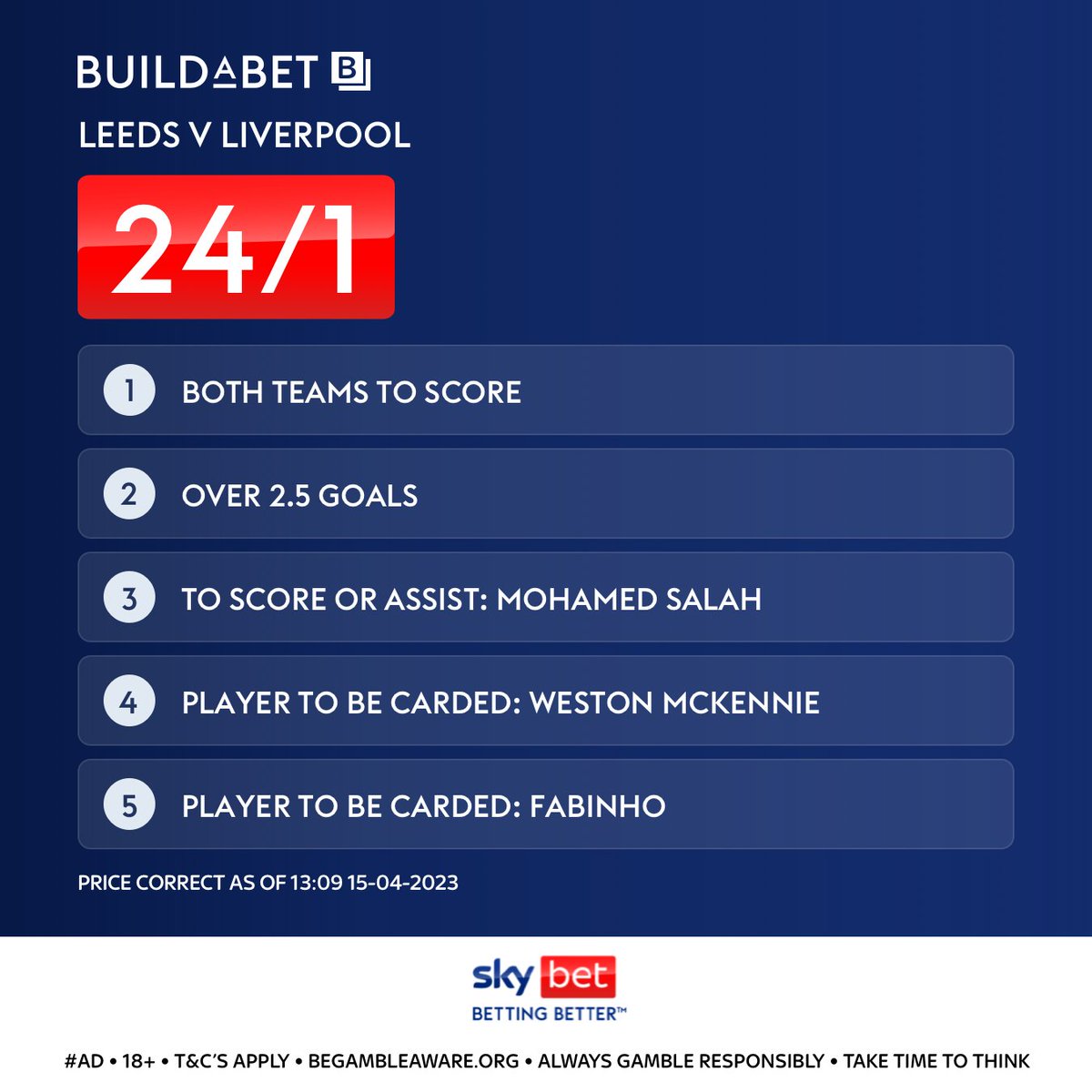 TWEnclosure's tweet photo. ⚪️ LEEDS vs LIVERPOOL 🔴

Today's 24/1 BAB! 🔨

⚽️ BTTS
✅ Over 2.5 goals
✅ Salah to score or assist
🟨 McKennie to be carded
🟨 Fabinho to be carded

Add straight to bet-slip 👇 https://t.co/acV0ihOgzE

#AD | 18+ | BeGambleAware https://t.co/V3sgz3DcX7