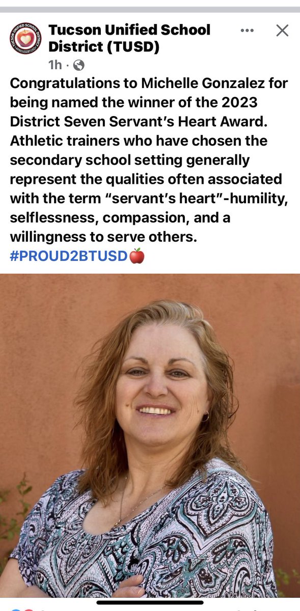 Congratulations <a href="/tucsonunified/">Tucson Unified</a> Michelle Gonzalez, a CTE Sports Medicine Teacher and Certified Athletic Trainer, for recognition with the Servant’s Heart Award. <a href="/PimaSchoolSup/">Pima County School Superintendent's Office</a> <a href="/PimaJTED/">Pima JTED</a> <a href="/acteaz/">ACTEAZ</a> <a href="/actecareertech/">ACTE</a> <a href="/TUSDSupt/">Dr. Gabriel Trujillo</a> #IamCTE