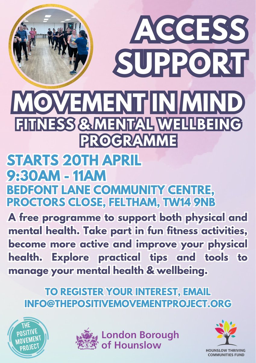 MovePositively's tweet image. From April 20th we will be launching Access Support- Movement in Mind. Combining exercise with practical tools &tips to help you manage your mental health & wellbeing. It’s FREE Email info@thepositivemovementproject.org to register. Please RT #mentalhealth #hounslow #feltham