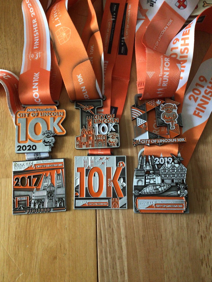 #cityoflincoln10k finished my 6th consecutive Lincoln 10k this morning. Nice collection of medals (2019 my favourite). Gutted I missed out on the t-shirt as I signed up too late!