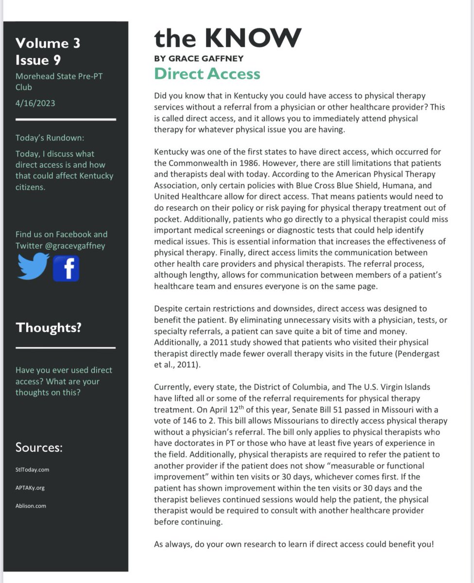 gracevgaffney's tweet photo. The KNOW for this week is on something called direct access! I cover the pros and cons of it and some recent legislation involving it! #TheKnow #physicaltherapy https://t.co/9xtztSlMxa