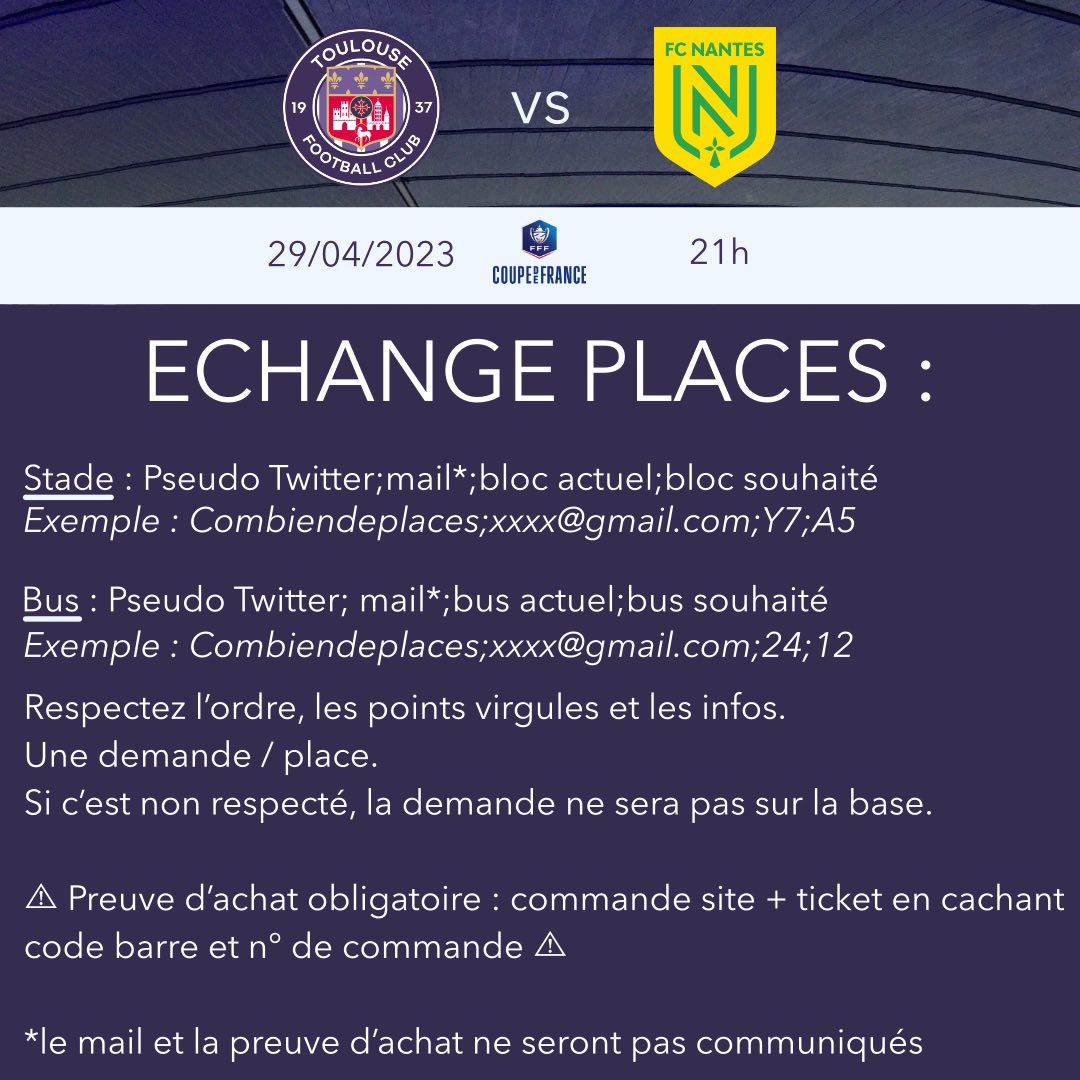 combiendeplaces's tweet photo. 🚨Finale CDF @ToulouseFC  vs Nantes 🚨

Le compte crée une base de données. Pour être dedans c’est simple : 
1️⃣ MP ici en respectant les règles ci-dessous (cf. Photo) 
2️⃣ Être patient pour le traitement des nombreux messages

En espérant que ça fonctionne [1/2] https://t.co/lnoA8L34jl