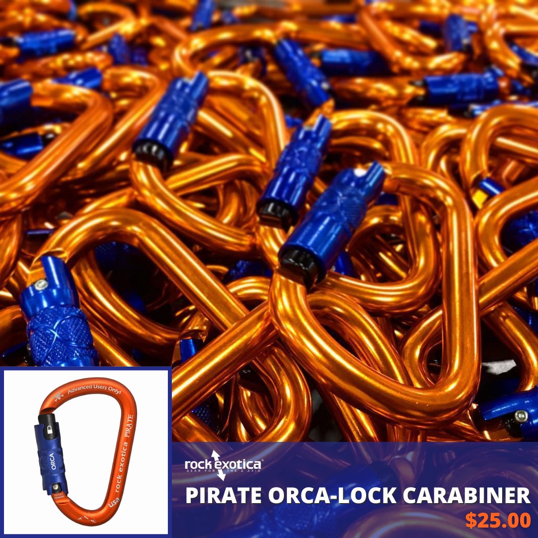 Shopwithmtn's tweet photo. The Pirate ORCA-Lock Carabiner features a unique gate system that lifts up &amp; twists just like many traditional auto-locks, but can remain in the unlocked position. This allows the gate to open easily &amp; close with the security of an auto-lock. 

Shop now at https://t.co/Us0aVBLpNj https://t.co/J0893dHEhg