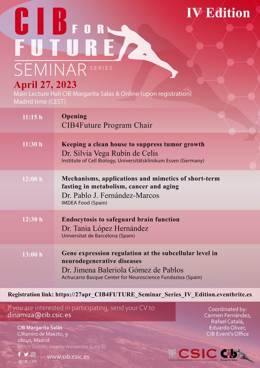 CIB_CSIC's tweet photo. "CIB4FUTURE Seminar Series"
Silvia Vega, @UniklinikEssen
Pablo J. Fernández-Marcos, @ImdeaAlimenta
Tania López Hernández, @UniBarcelona
Jimena Baleriola, @AchucarroGlia
📆27/04
⏰11:15h
Event will take place at @CIB_CSIC and online upon registration ➡️https://t.co/pJn1GCxfoV https://t.co/dPyp7bZr0J