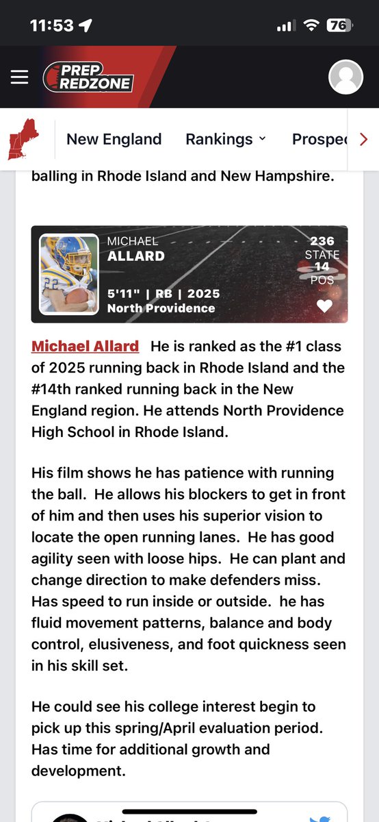 Michael Allard Jr. (@allard_mikey) on Twitter photo Blessed to be ranked #1 in Rhode Island and #14 in New England. Thanks for the write up!!
@NGP_CoachSilva
<a href="/PRZNewEngland/">Prep Redzone New England</a>
@PRZPAvic Blessed to be ranked #1 in Rhode Island and #14 in New England. Thanks for the write up!!
@NGP_CoachSilva
<a href="/PRZNewEngland/">Prep Redzone New England</a>
@PRZPAvic