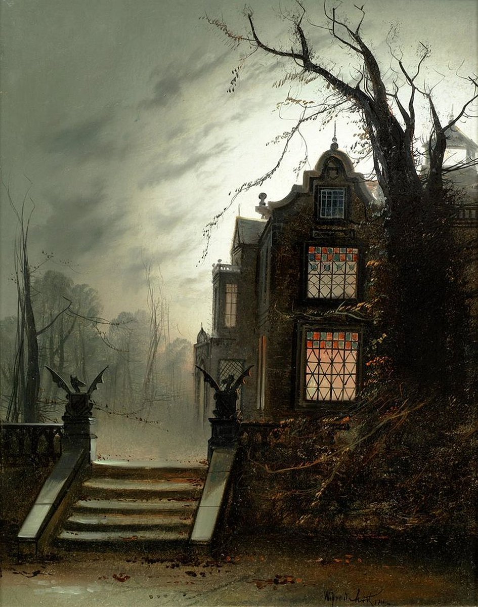 longvictorian2's tweet photo. A country house by moonlight by Wilfred Jenkins (British artist, lived 1857-1936). [“I have crossed oceans of time to find you.” - Dracula, Bram Stoker] #gothicaesthetic #gothic https://t.co/4OdQ851ULt