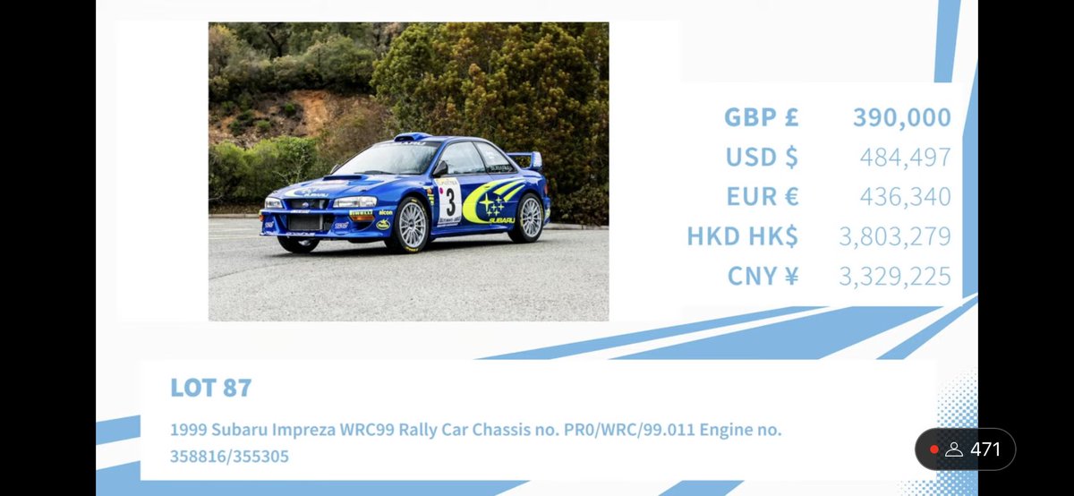 markgreenhall's tweet photo. #Bonhams auction. #RichardBurns Subaru Impreza WRC99 just sold for £390,000. What a car with an amazing history. No doubt only go up in value. https://t.co/V0kzkhnNu4