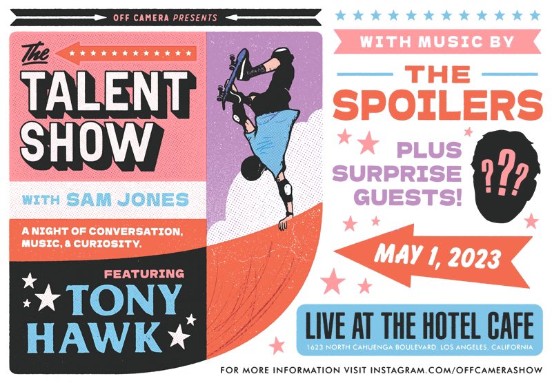 I’m doing a thing on Monday May 1 in Los Angeles that I’m pretty excited about. Join me and @tonyhawk and The Spoilers (and perhaps a surprise) at The Hotel Cafe for a very cool evening. Tix on sale this Tuesday at 10am PST. new.hotelcafe.com/event/the-tale…