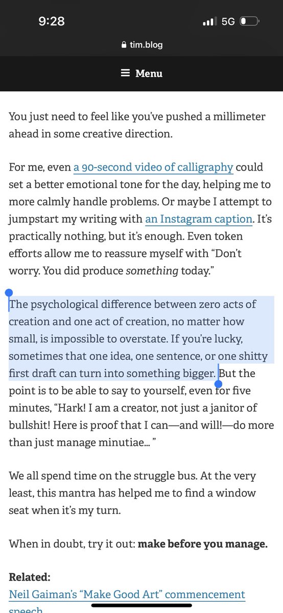 “The psychological difference between zero acts of creation and one act of creation, no matter how small, is impossible to over state.”

tim.blog/2019/12/18/mak…