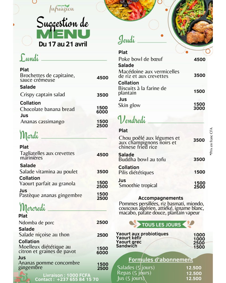 infuuzion's tweet photo. Si bien manger c'est le début du bonheur, accordez-vous le droit d'être heureux(se) le temps d'un repas, avec notre menu riche et varié 😉😋.

☎️ 655 84 15 70
📍 Yaoundé-Omnisports

#tt237 #restautantyaounde #mangerayaounde https://t.co/ntPwPnm8r7